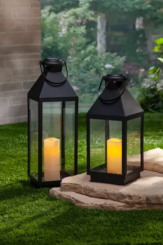 11″H Black Plastic Solar Lantern with Glass Panes with Candle