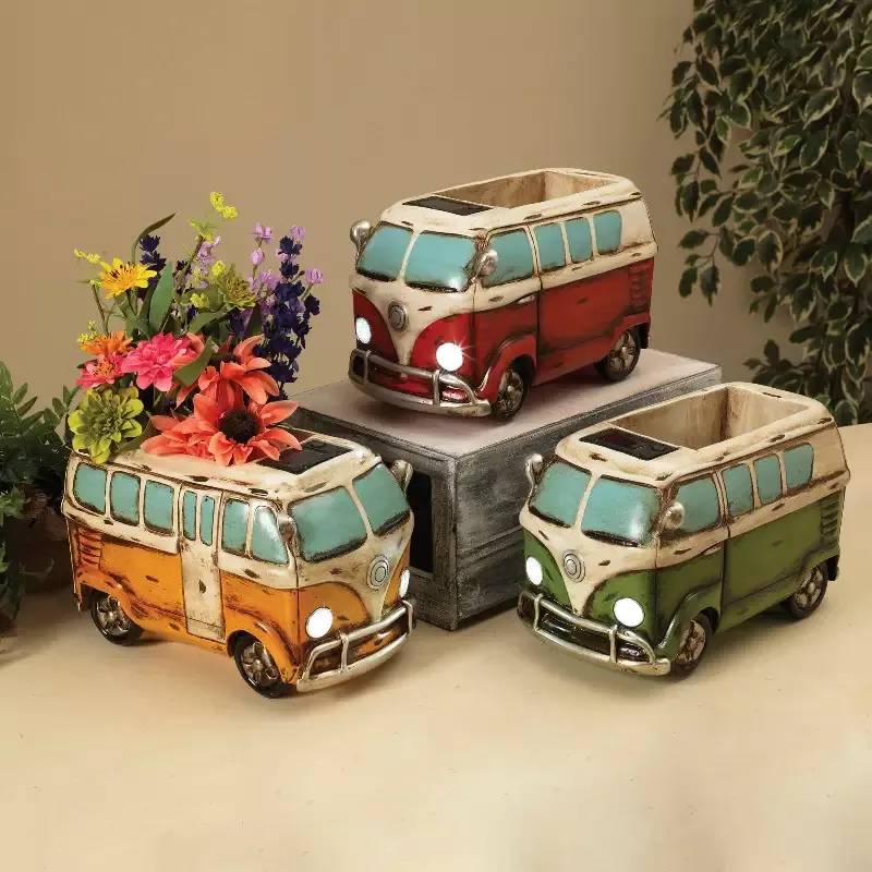 12″L Solar Lighted Resin Antique Hippie Wagon Planter