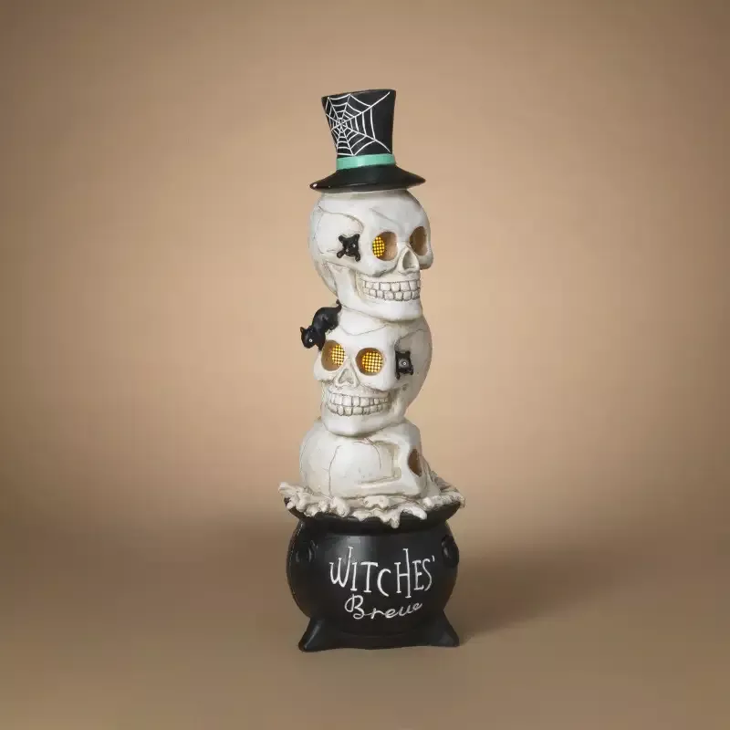 32″H B/O Lighted Magnesium Halloween Stacking Skulls on Cauldron with Moving Eyes