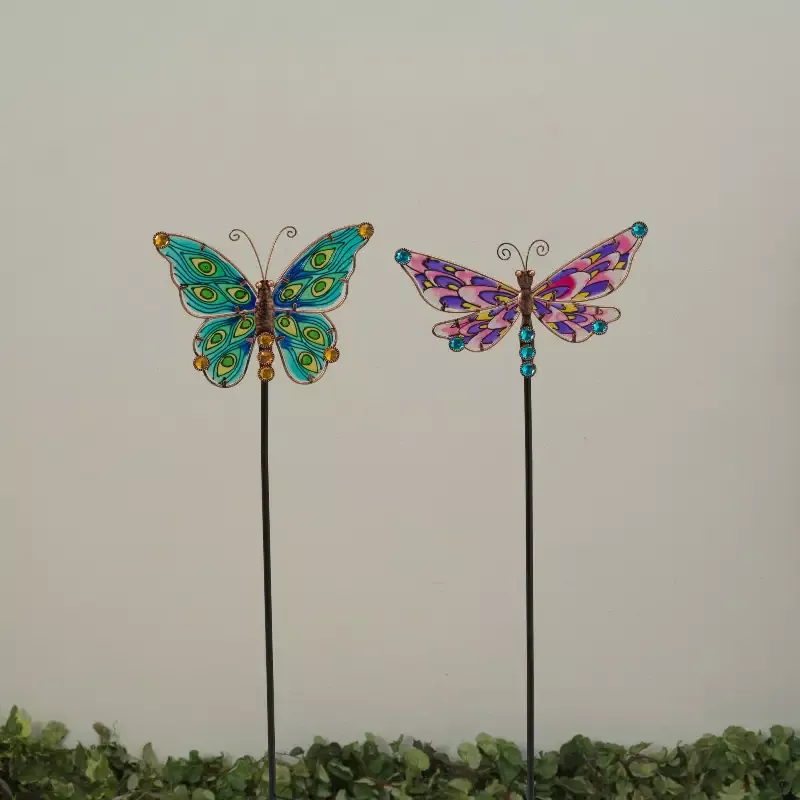 32″H Metal & Glass Butterfly or Dragonfly Yard Stake