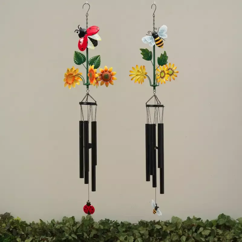 38.5″H Metal Ladybug & Bee Design Wind Chime w/ Spinning Flowers