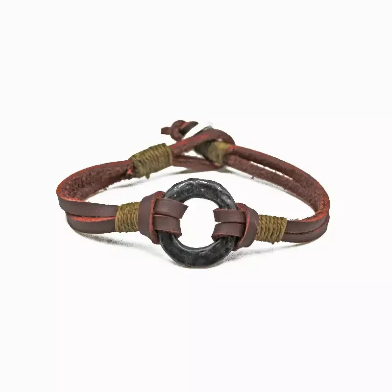 Aadi Pewter Disc with Brown Leather Men’s Bracelet B8019