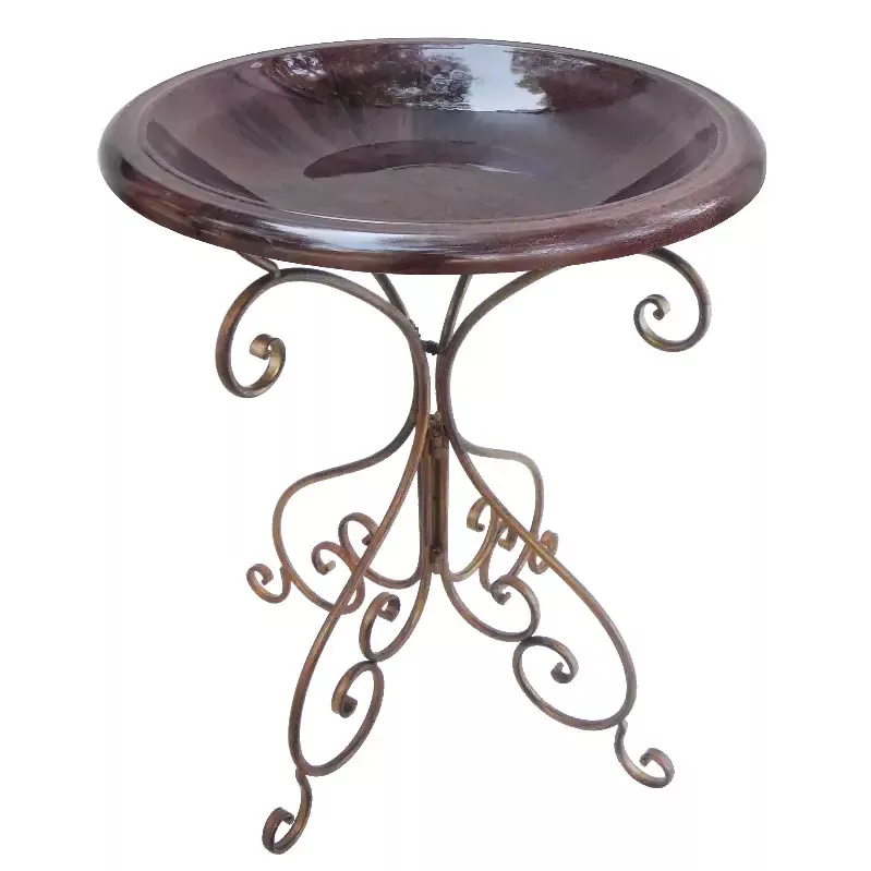 Antique Brown Fiber Clay 19″ Dia Birdbath Top with 25″H Antique Bronze Metal Stand