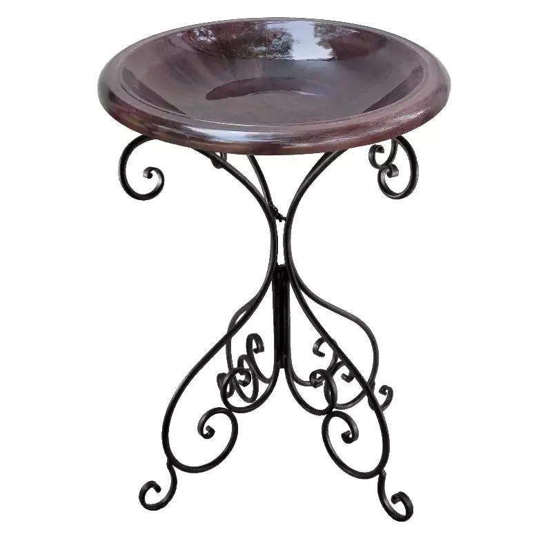 Antique Brown Fiber Clay 19″ Dia Birdbath Top with 25″H Black Metal Stand