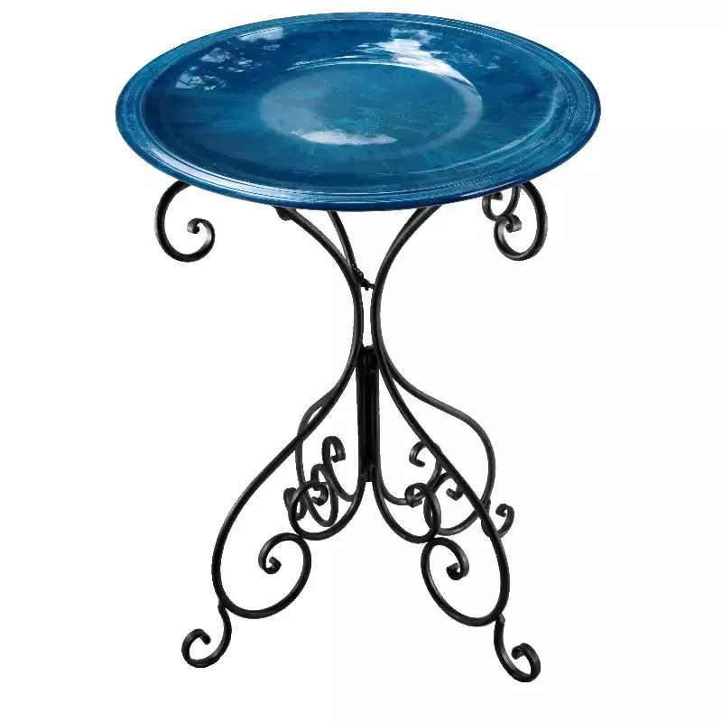 Azure Blue Fiber Clay 19″ Dia Birdbath Top with 25″H Black Metal Stand