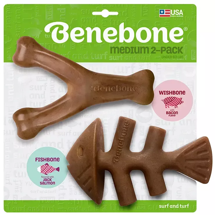 Benebone Bacon Wishbone + Salmon Fishbone Medium 2-Pack Dog Chews
