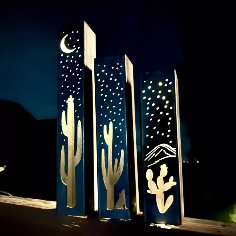 Desert Night Luminary Pillar w/ Solar Cap – Hollow Cactus
