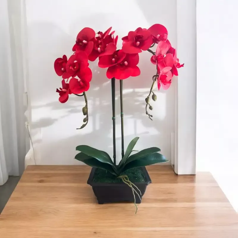 Exquisite Red Orchid in Rectangular Planter – Artificial (Great Valentine Gift)