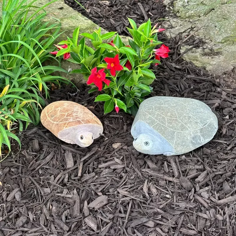 Family of Hand Carved Natural Granite Boulder Stone Turtles-2 Pcs 10″ 14″