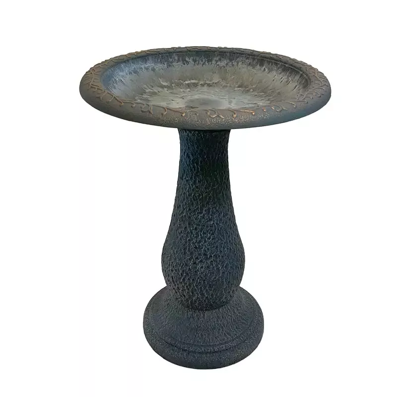 Fiber Clay 24″H Birdbath, Dove Gray w/Design Rim, 19″D x 24″H, 21″H base, 8 lbs