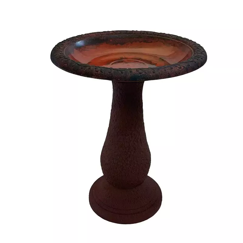 Fiber Clay 24″H Birdbath, Red/Charcoal w/Design Rim, 19″D x 24″H, 21″H base, 8 lbs
