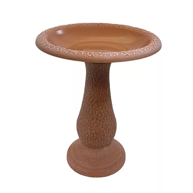 Fiber Clay 24″H Birdbath, Terra Cotta w/Design Rim, 19″D x 24″H, 21″H base, 8 lbs