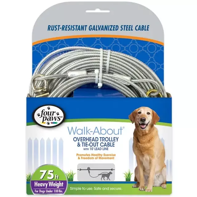 Four Paws Walk-About Overhead Trolley & Tie Out Cable Heavy Weight Dog Exerciser 75 ft.