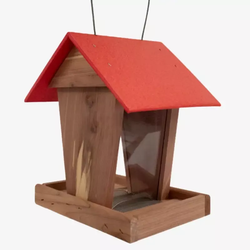 Handmade Amish – Cedar and Recycled Plastic Hopper Bird Feeder with Red Roof