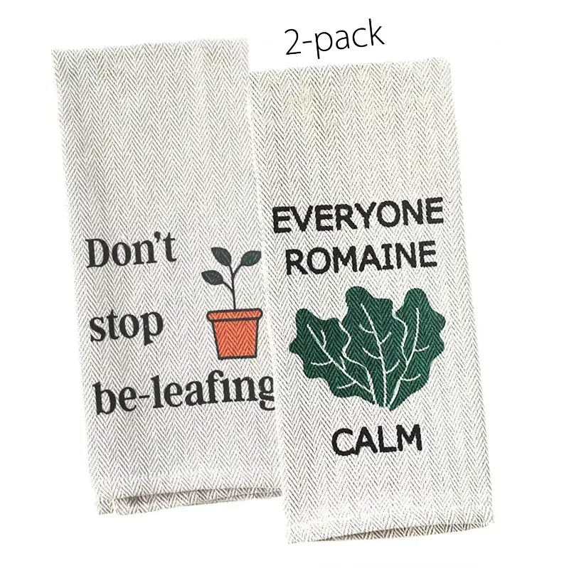 Kitchen Tea Towel 2-pack, Don’t Stop Be-leafing & Everyone Romaine Calm, 16″ x 28″