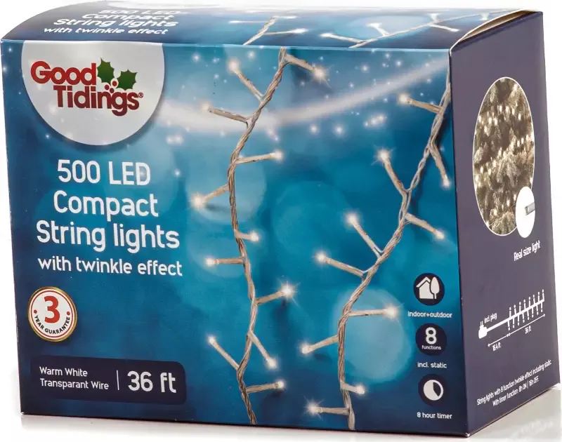 LED Compact 500 Warm White Twinkle 36″ Transparent Wire.
