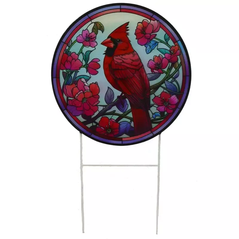 Metal Stained Red Bird On Pole