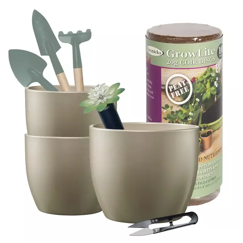 Metallic Elegance Indoor Gardening Set – 3 Matching Pots with Tools, Soil Pellets & Plant Alarm