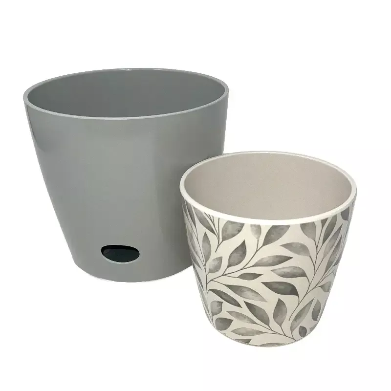 Self-Watering Plant Pot Set of 2, 5″ Gray Leaves & 7″ Gray Solid