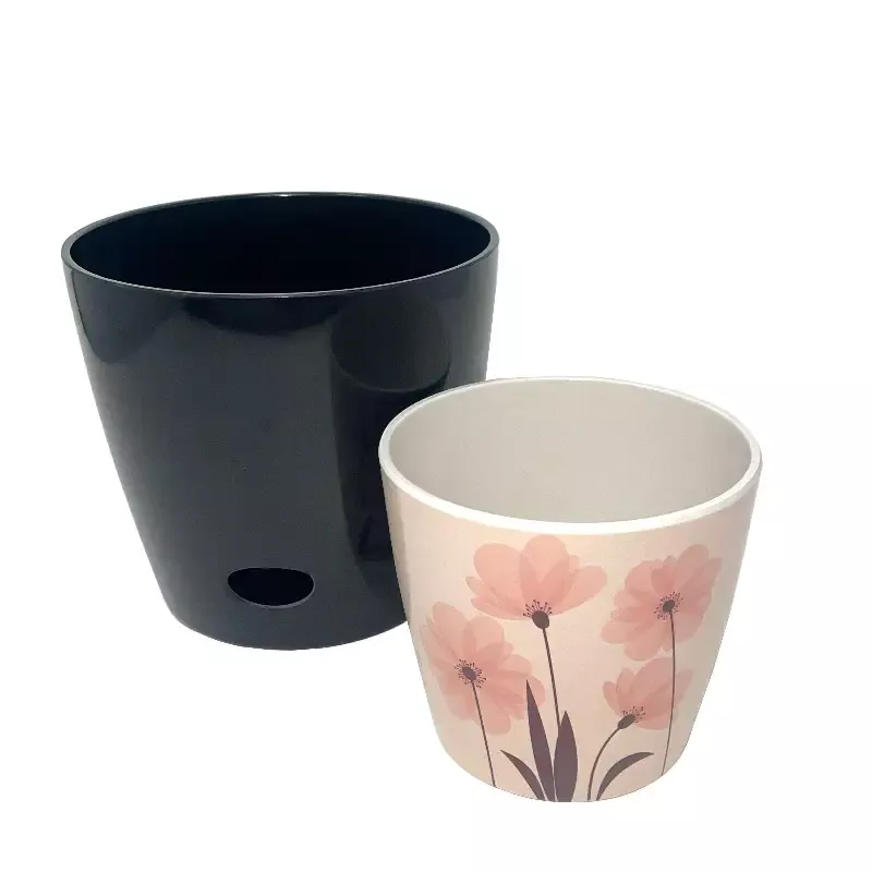 Self-Watering Plant Pot Set of 2, 5″ Pink Flower & 7″ Black Solid