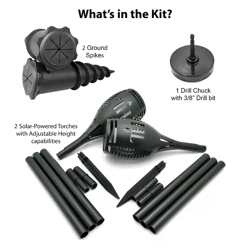 Solar Torch & Ground Spike Kit – 2-Pack with Adjustable Height & Drill Chuck