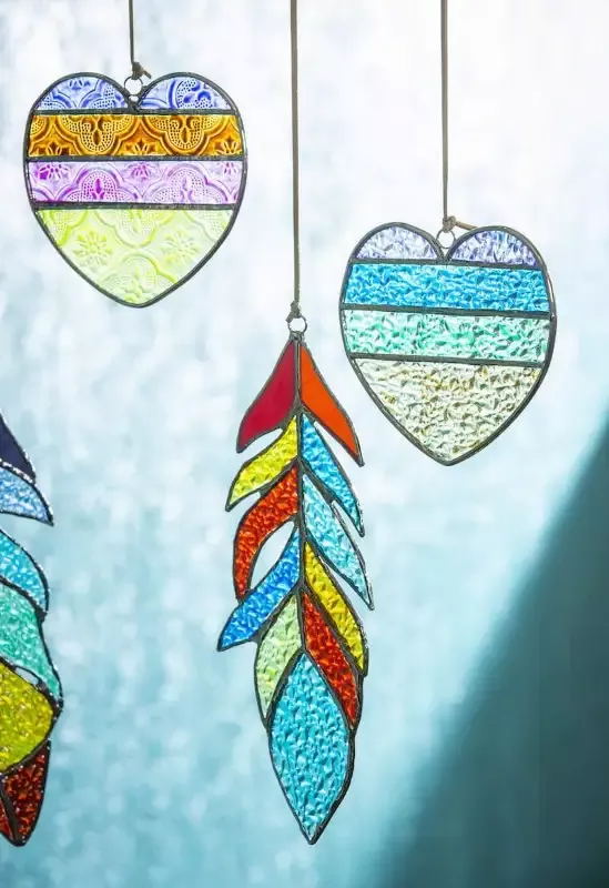 Stained Glass Heart and Feather Mobile