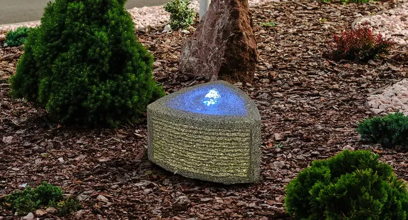 Triangular Granite Fountain Kit – 3-Sided Carved Water Feature with Light